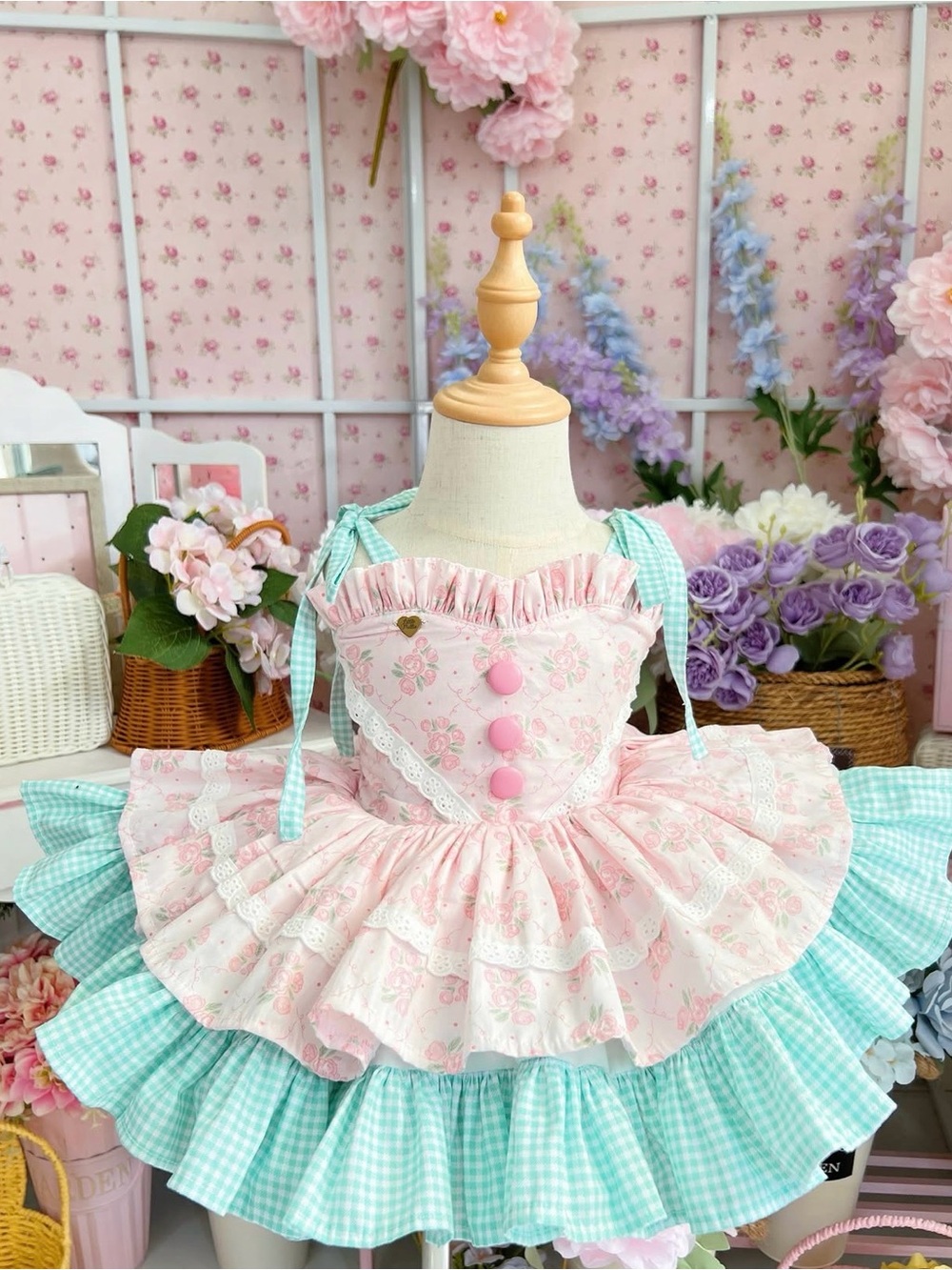 Pastel Pink & Mint Gingham Girls' Ruffled Casual Dress